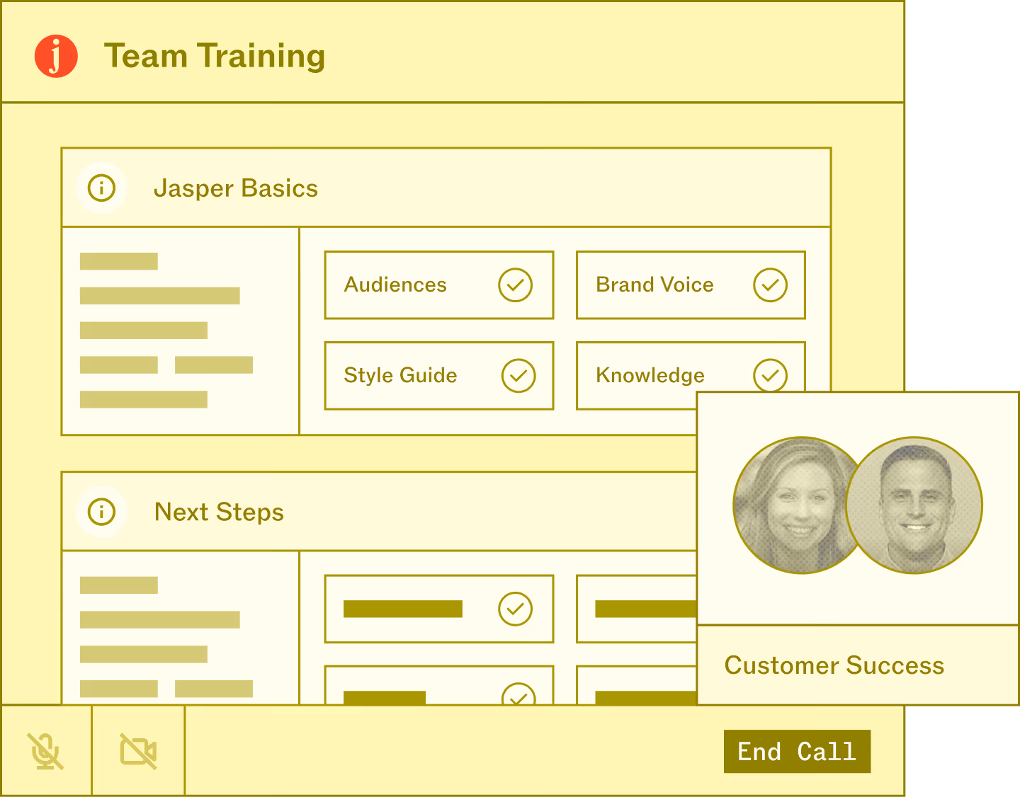 Virtual team training interface showing Customer Success with two participant photos and Jasper Basics module with checkmarked topics: Audiences, Brand Voice, Style Guide, Knowledge, and buttons for mute, video off, and End Call.